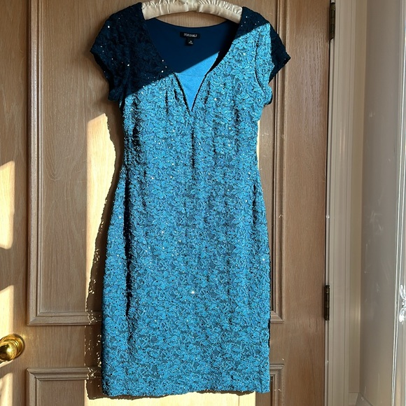 Teal Sparkly Roz & Ali Size 10 Fitted Dress Night Out Cocktail Formal Cap Sleeve - Picture 1 of 10